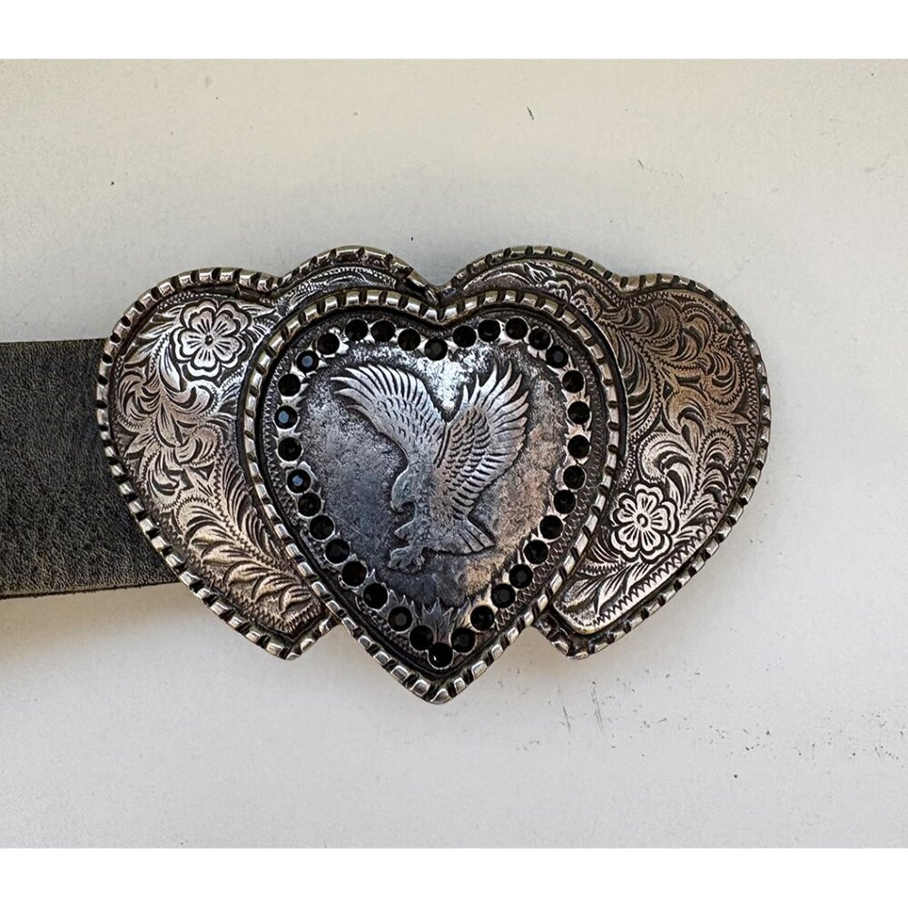 Black leather belt with engraved metal buckle